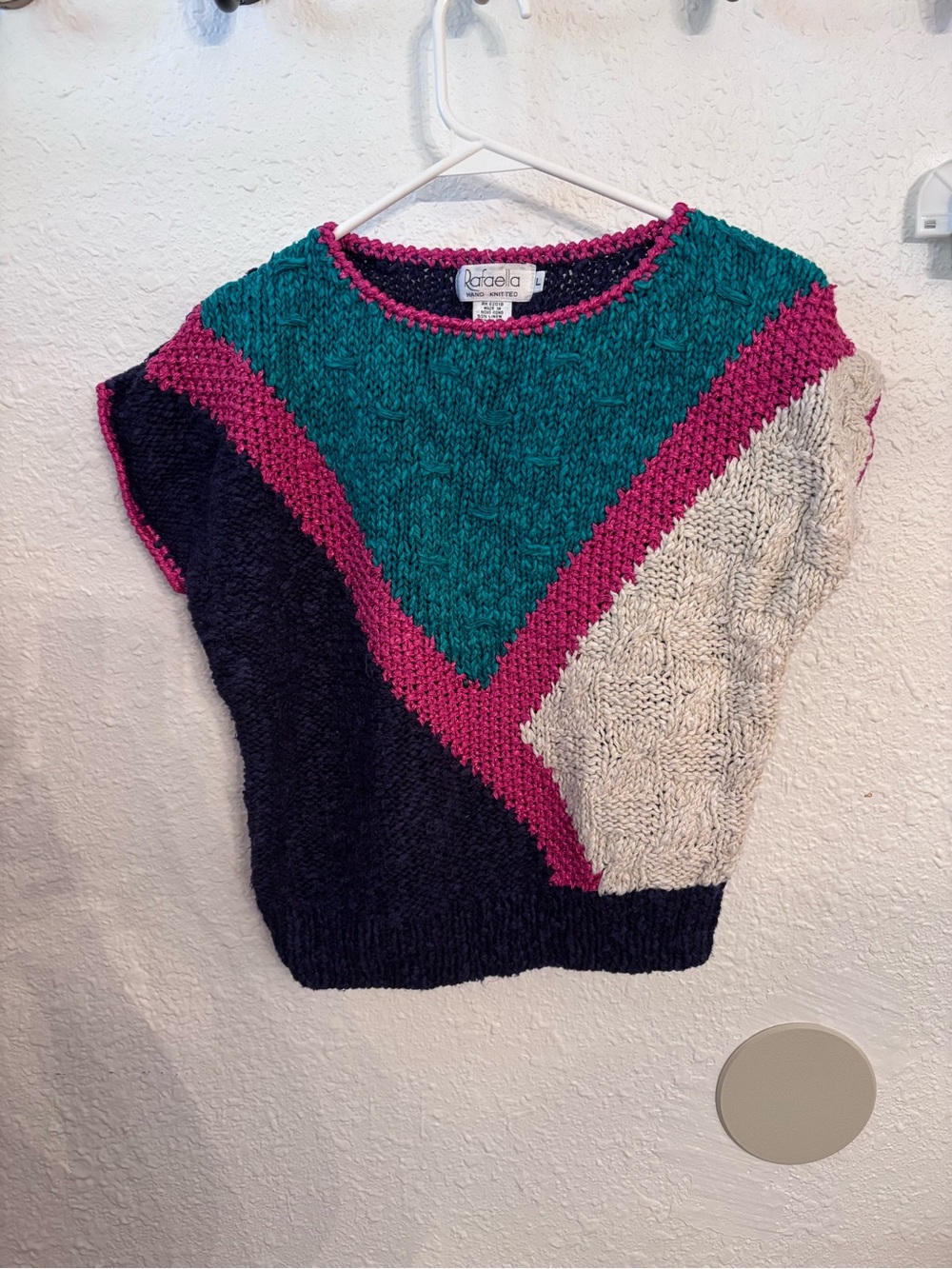 Vintage Rafaella Hand Knit Top L Art to Wear Grandpa Color block Jewel Artsy